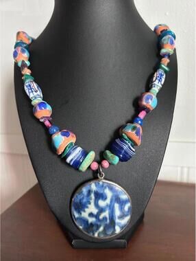 Handmade Artisan Beaded Necklace Blue Stone Pendant Boho
